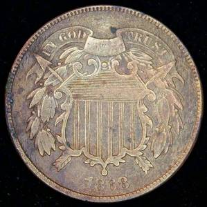 lot 45 image: 1868 2 Cent Piece, VF, Better Date, details