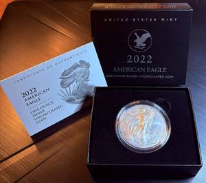 lot 51 image: Better Date, Burnished 2022-W 1oz Silver Eagle wSleeve, Box & COA, Mint Fresh