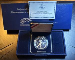 lot 53 image: 2006 Silver Proof Benjamin Franklin Commemorative Dollar wOGP, Kite Experiment Design, 158k Mintage