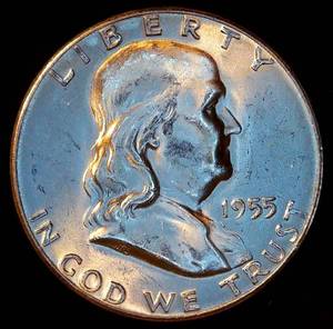 lot 59 image: Uncirculated, Key Date 1955 Franklin Half Dollar, Original Surfaces wFull Luster