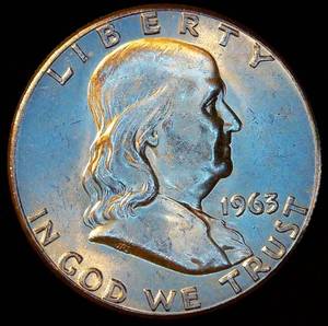 lot 63 image: AUBU 1963 Franklin Half Dollar, Original Surfaces wnear Full Luster & Fewer Bag Marks