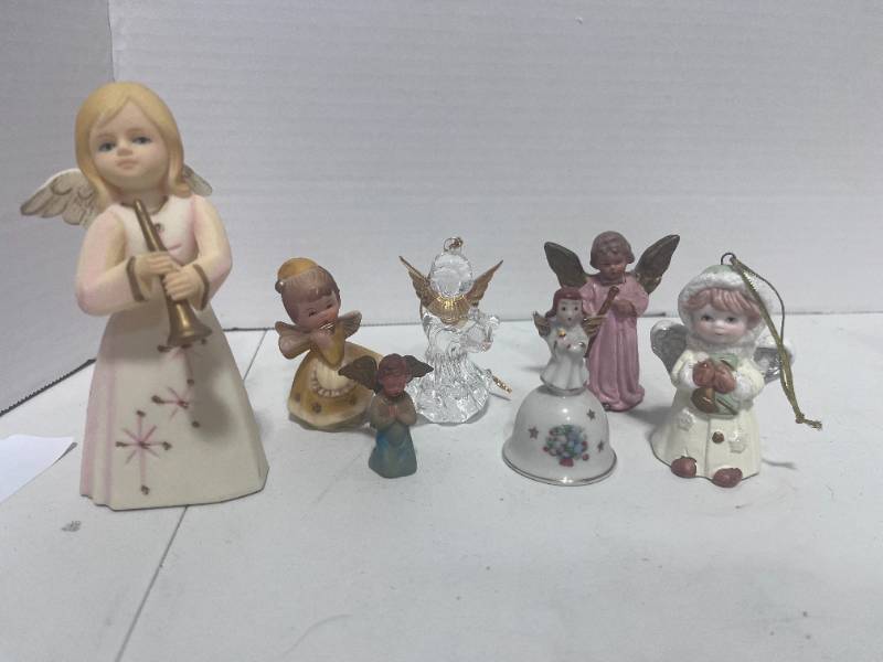 lot 24 image: 7 Misc. Vintage Angels. Two Bells. Resin, Porcelain, One made in British Hong Kong