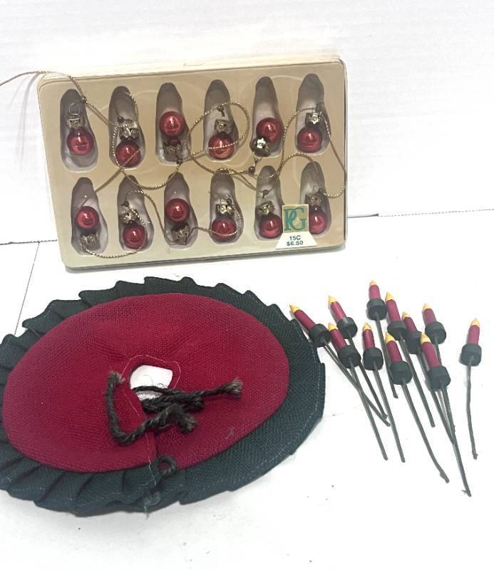 lot 34 image: Vintage Mini Tree Topper, Mini Bulbs, Mini Tree Skirt and 11 Wooden Candle Picks