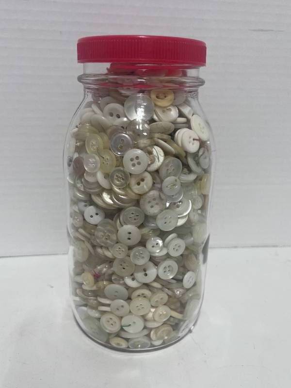 lot 49 image: Wonderful Jar of Vintage White Buttons. Various sizes and materials