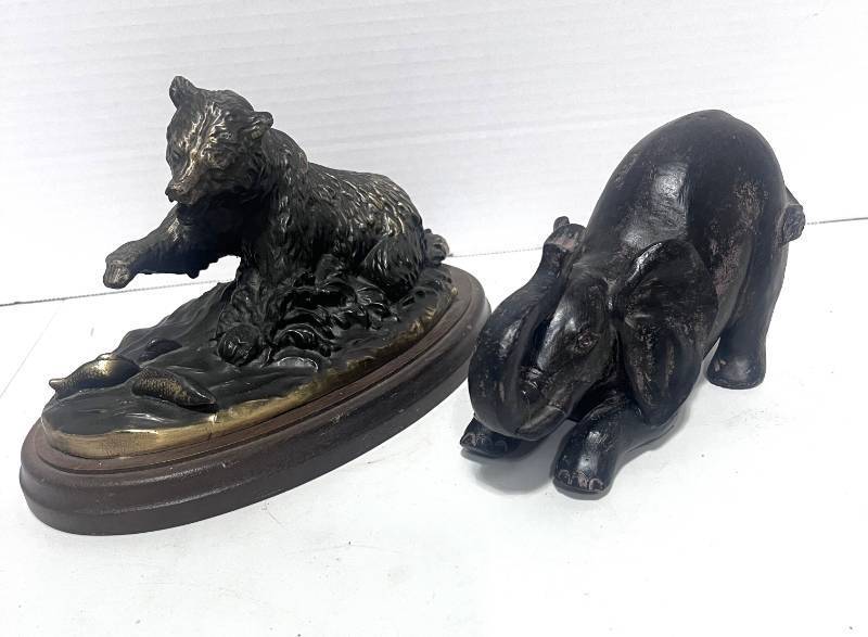 lot 63 image: Bronze Grizzly Bear Figurine and Crouching Elephant