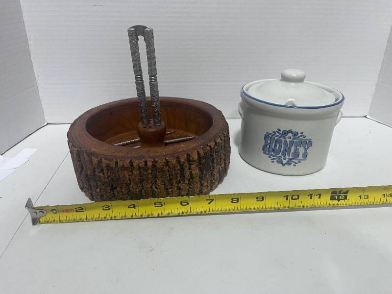 lot 64 image: Wooden Nut Cracker Bowl and Honey Pot