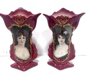 lot 7 image: Pair of Fleur De Lys Victorian Lady Red Porcelain Vases