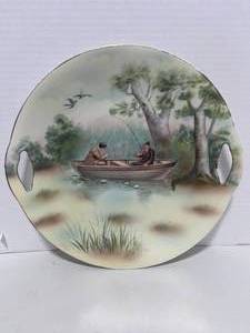 lot 100 image: Royal Bayreuth Bavaria Germany Transferware Fly Fishermen Handled Plate