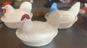 Three 5" Hen on Nests Milk Glass Blue and White Or Red Comb Westmoreland. One has chip