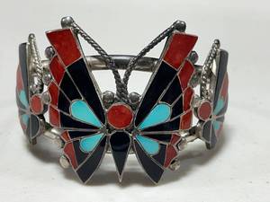 Signed R. Neha Sterling Silver Cuff Bracelet with Turquoise and Coral Inlay Butterfly Design