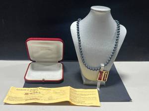 lot 6 image: Majorica Black Imitation Pearl Necklace with Original Box and Certificate