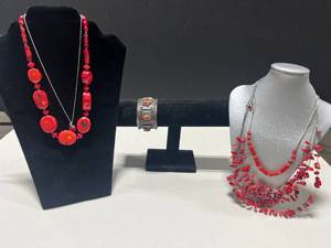 lot 9 image: Collection of 4 Red Coral Beaded Necklaces and Silver-Tone Bracelet