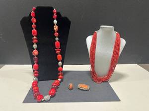 lot 12 image: Vintage Coral and Red Beaded Jewelry Set with Clip, Necklaces, and Ring
