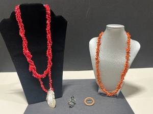 lot 13 image: Vintage Coral Jewelry Set Orange Branch Necklace, Gold Tone Brooch, and Native American Zuni Inlay Ring