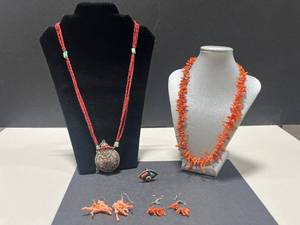 lot 16 image: Vintage Coral Jewelry Set with Two Necklaces, Earrings, and Inlay Ring