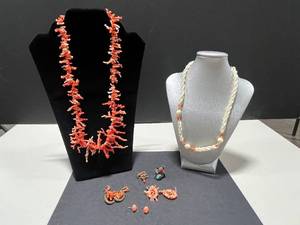 lot 17 image: Vintage Coral and Shell Jewelry Collection with Sterling Silver Coral Turquoise Ring