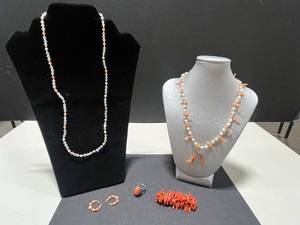 lot 18 image: Vintage Coral Jewelry Set - Necklaces, Brooch, Ring, and Hoop Earrings