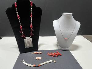 lot 21 image: Vintage Coral and Shell Jewelry Collection - Necklaces, Brooch, Bracelet, and Pendant