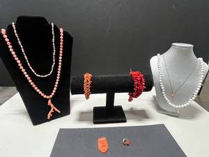 lot 22 image: Coral Jewelry Collection Including Necklaces, Bracelets, Pin, Pendant and Ring