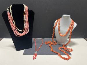 lot 28 image: Collection of Coral and Bead Necklaces Including Multi-Strand, Branch, and Silver Accents