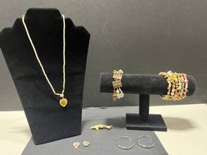 lot 31 image: Jewelry Collection 1928 Sandy Heart Necklace, Fish Brooch, Heart Pins, Bracelets, Hoop Earrings