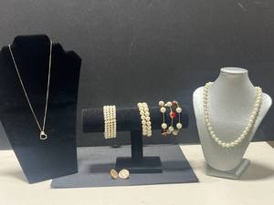 lot 40 image: Jewelry Set with Faux Pearl Necklaces, Bracelets, Shell Earrings, and Heart Pendant Necklace
