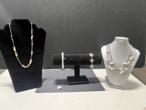 lot 41 image: Collection of Sterling Silver Jewelry Pearl Necklaces, Starfish Bracelet, and Owl Brooch