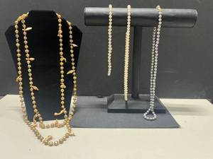 lot 44 image: Set of 4 Beaded and Pearl Necklaces with Gold, Cream, and Gray Tones