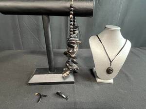 lot 47 image: Set of 4 Carved Black Coral Jewelry Pendants and Necklace