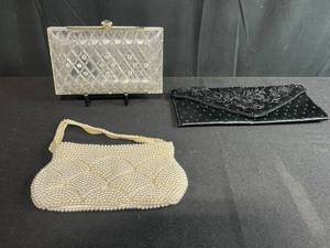 lot 83 image: Set of 3 Vintage Evening Clutch Bags - Beaded, Lucite, and Satin