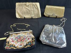 lot 90 image: Lot of 4 Vintage Evening Purses Including Beaded, Gold, and Silver Bags