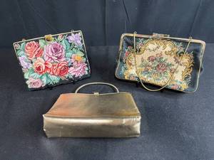 lot 91 image: Set of 3 Vintage Handbags Including Floral Needlepoint and Metallic Purse