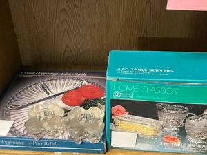 lot 103 image: Glass Tableware Collection with Indiana Glass Relish Tray, Home Classics Table Servers, and Floral Candle Holders