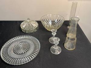 lot 107 image: Collection of Vintage Pressed Glass Tableware and Candle Holders