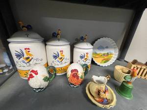 lot 112 image: Rooster Ceramic Kitchenware Collection with Canisters, Salt & Pepper Shakers, and Mini Pitcher Set