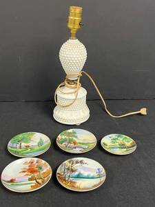 lot 117 image: Milk Glass Hobnail Table Lamp and Set of 4 Hand Painted UCAGCO China Miniature Plates