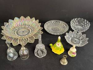 lot 129 image: Collection of Decorative Glass, Porcelain, and Brass Bells with Crystal Dishes