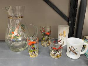 lot 130 image: Vintage Mid-Century Game Bird Pitcher and Mixed Glassware Set