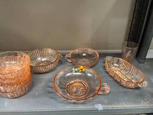 lot 131 image: Collection of Vintage Pink Depression Glass Bowls, Cups, and Dishes