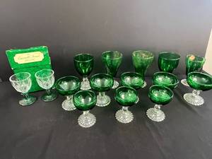 lot 133 image: Set of Vintage Green Glass Goblets and Sherbet Dishes with Clear Patterned Bases