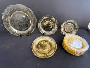 lot 135 image: Set of Vintage Amber Depression Glass Plates with Floral Etched Patterns