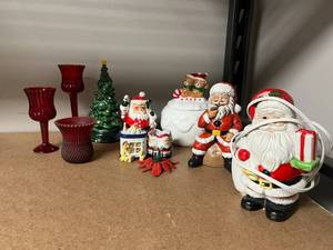 lot 142 image: Holiday Collectibles Lot Santa Figurines, Avon Ceramic Tree, Cheerful Reflections Box, Red Glassware
