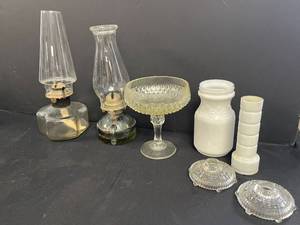 lot 146 image: Collection of Vintage Glass Oil Lamps, Compote, Milk Glass Vase, and Candle Holders