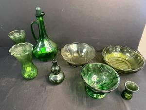 lot 147 image: Set of Vintage Green Glass Vases, Bowls, and Decanter Pieces