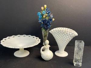 lot 149 image: Vintage Milk Glass Hobnail Collection with Pedestal Bowl, Vases and Avon Decanter