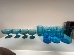 lot 153 image: Collection of Vintage Blue Glass Drinkware and Dessert Glasses
