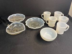 lot 159 image: Vintage Anchor Hocking Fire King White Milk Glass Mugs, Bowl, and Hobnail Dishes Set