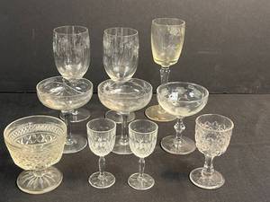 lot 174 image: Collection of Vintage Etched and Pressed Glass Goblets and Coupes