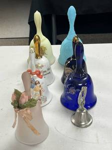 lot 184 image: Set of 6 Decorative Collector Bells - Glass, Porcelain, and Metal