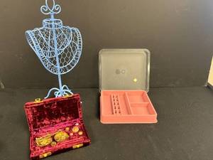 lot 201 image: Assorted Jewelry Display Lot with Vintage Balance Scale, Velvet Case, Blue Mannequin, and Jewelry Tray
